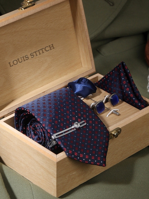 

LOUIS STITCH Men Navy Blue & Red Self-Design Silk Accessory Gift Set