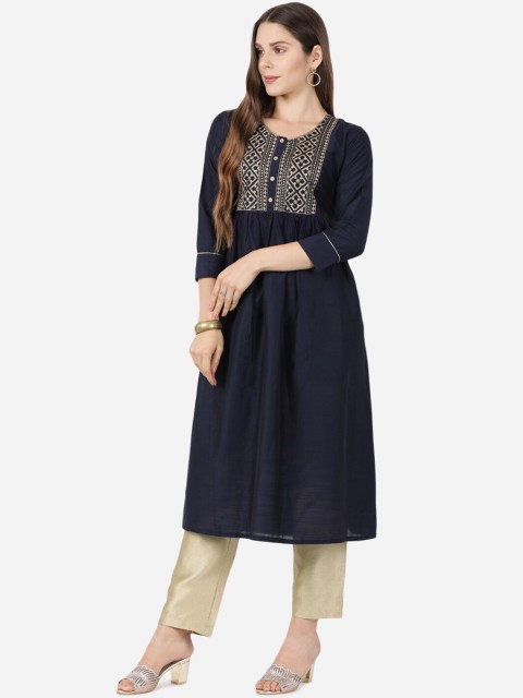 

GOLDSTROMS Women Navy Blue & Gold-Toned Yoke Design Kurta