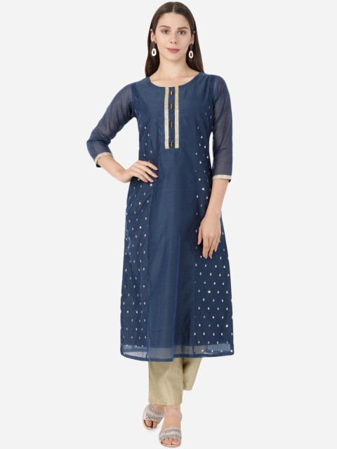 

GOLDSTROMS Women Navy Blue & Gold-Toned Embellished Flared Sleeves Kurta