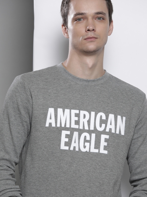

AMERICAN EAGLE OUTFITTERS Men Grey Standard Fit Brand Logo Flock Print Pure Cotton T-shirt