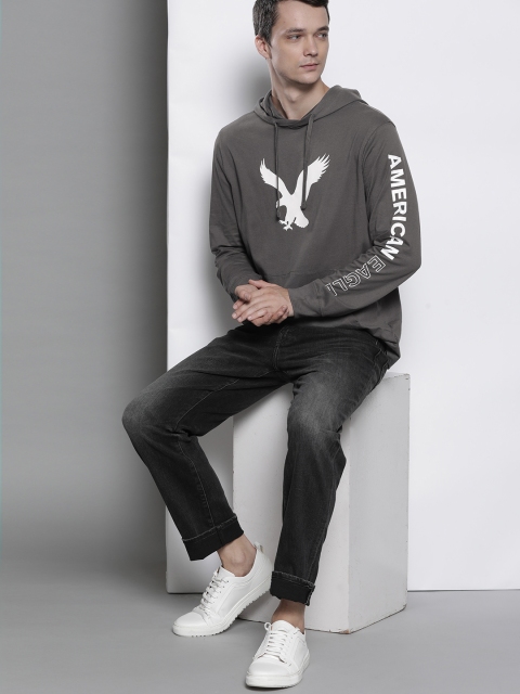 

AMERICAN EAGLE OUTFITTERS Men Charcoal Grey Cotton Standard Fit Printed Hooded Pure Cotton T-shirt