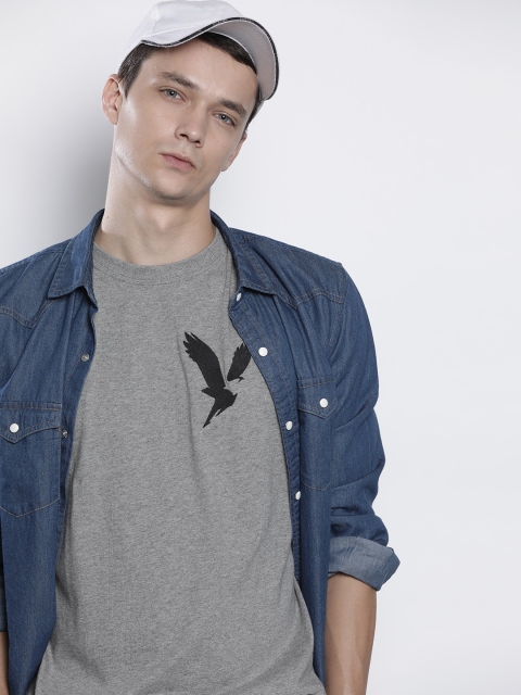 

AMERICAN EAGLE OUTFITTERS Men Grey Melange Brand Logo Pure Cotton T-shirt