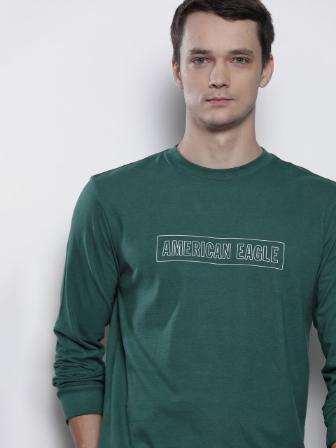 

AMERICAN EAGLE OUTFITTERS Men Green Cotton Standard Fit Brand Logo Printed Pure Cotton T-shirt