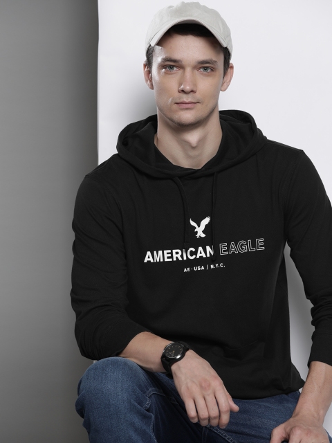 

AMERICAN EAGLE OUTFITTERS Men Black Cotton Standard Fit Brand Logo Printed Hooded Pure Cotton T-shirt