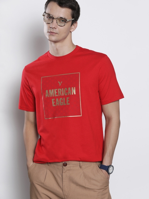 

AMERICAN EAGLE OUTFITTERS Men Red Golden Cotton Standard Fit Brand Logo Print Pure Cotton T-shirt