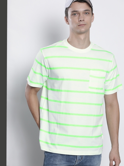 

AMERICAN EAGLE OUTFITTERS Men White & Fluorescent Green Cotton Striped T-shirt