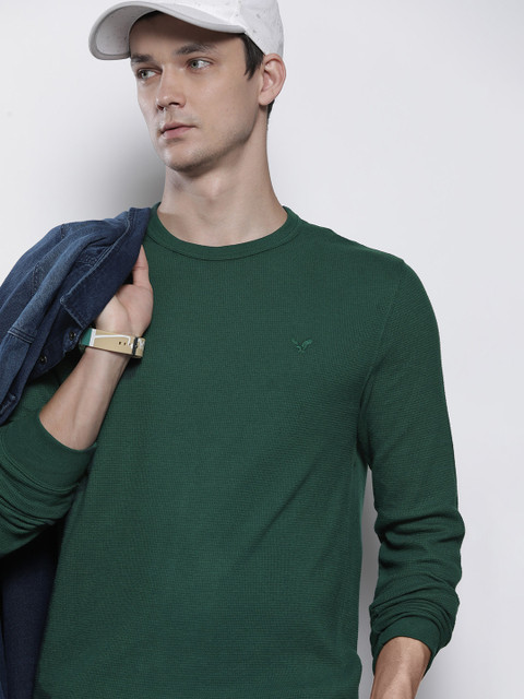 

AMERICAN EAGLE OUTFITTERS Men Green Self Design Standard Fit T-shirt