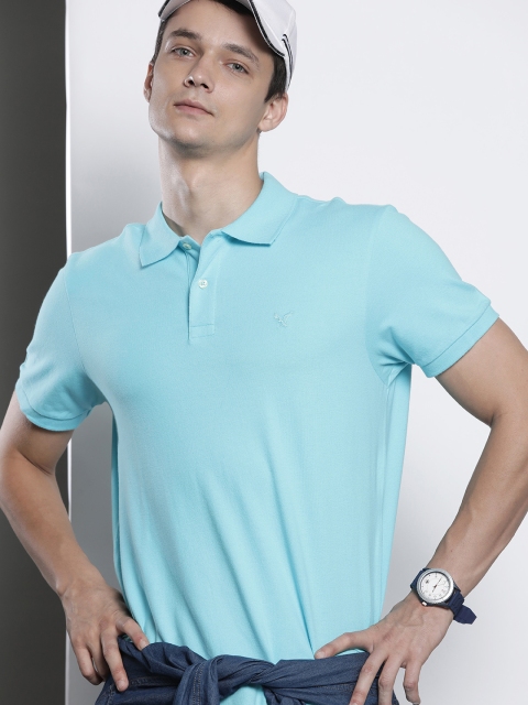 

AMERICAN EAGLE OUTFITTERS Men Blue Solid Standard Fit Polo Collar T-shirt