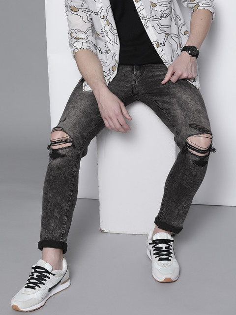 

AMERICAN EAGLE OUTFITTERS Men Charcoal Grey Slim Fit Slash Knee Light Fade Jeans