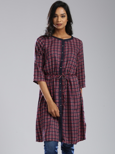 

W Women Navy & Red Printed Straight Kurta, Navy blue