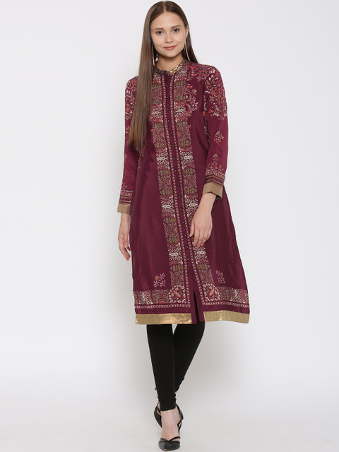 

Wishful by W Women Wine-Coloured Printed Embellished Straight Kurta, Burgundy