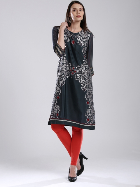 

WISHFUL by W Women Grey Printed Straight Kurta