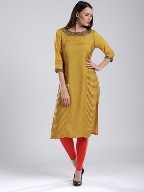 

WISHFUL by W Women Mustard YelloWISHFUL by W Embellished Detail Straight Kurta