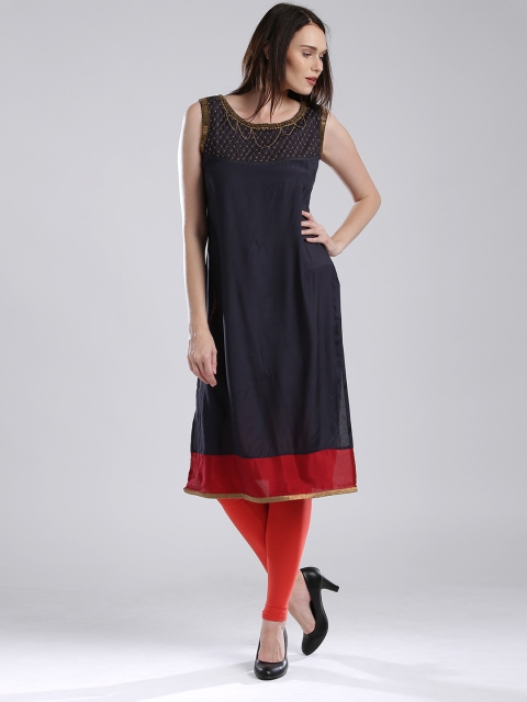 

WISHFUL by W Women Navy Embellished Yoke Straight Kurta, Navy blue