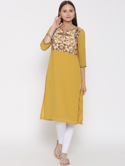 

Wishful by W Women Mustard Yellow Printed Embellished Straight Kurta