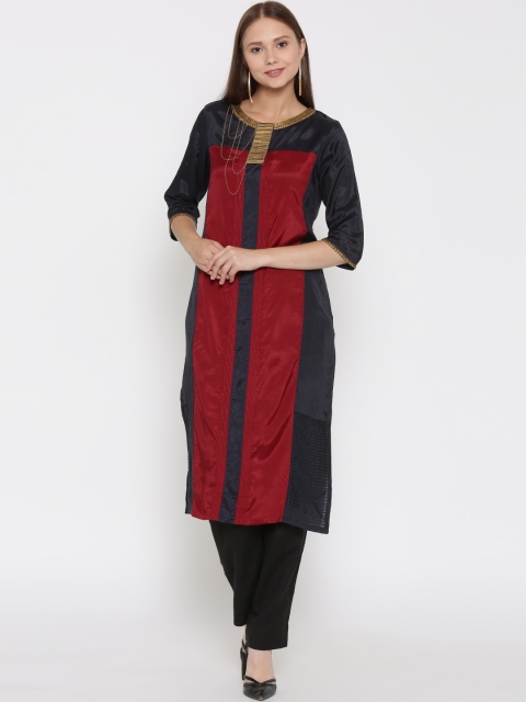 

WISHFUL by W Women Red & Navy Colourblocked Embellished Kurta
