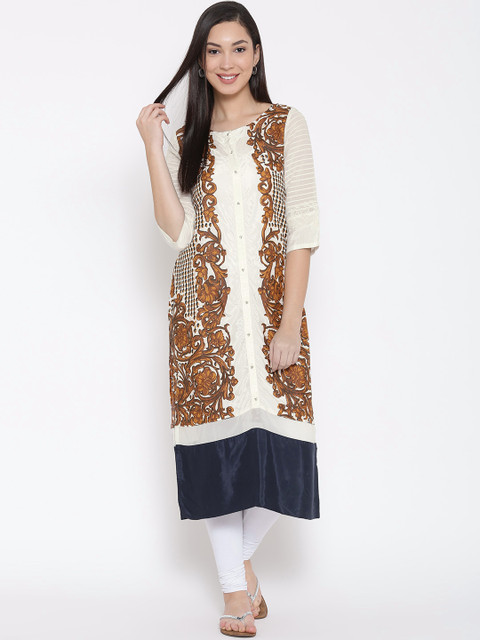 

Wishful by W Women Off-White & Mustard Brown Printed Straight Kurta