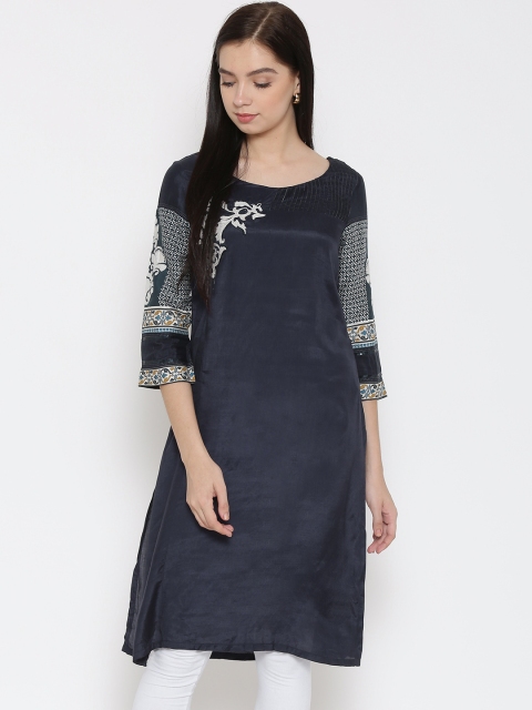 

WISHFUL by W Women Navy Applique Kurta with Printed Sleeves, Navy blue