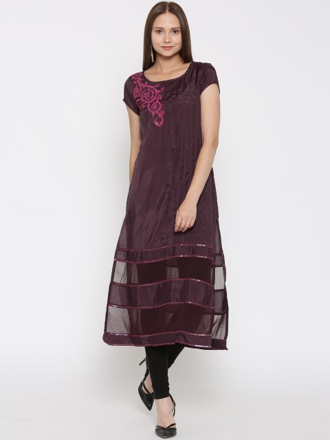 

Wishful by W Women Burgundy Straight Kurta with Sheer Panels
