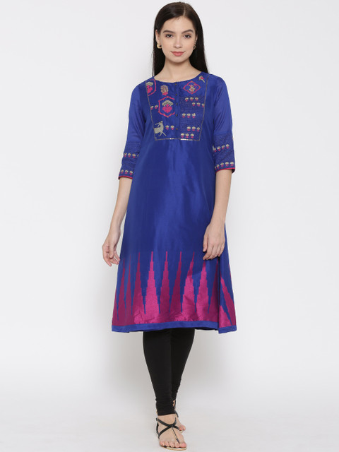 

Wishful by W Women Blue Embroidered A-Line Kurta