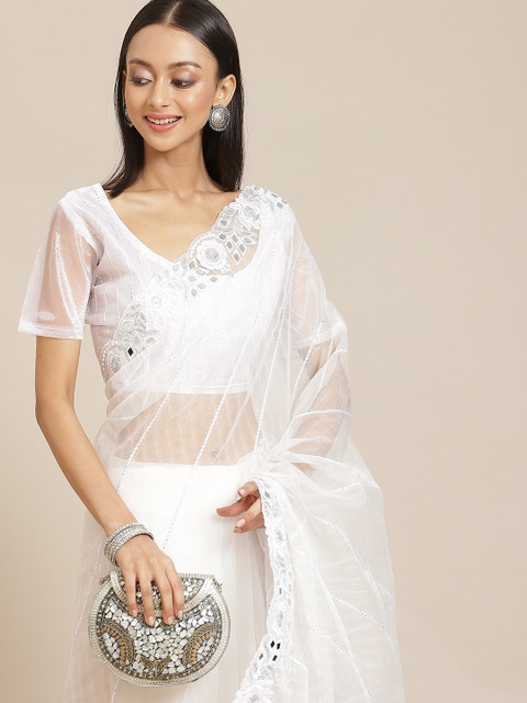 

Mitera White Embellished Mirror Work Organza Saree