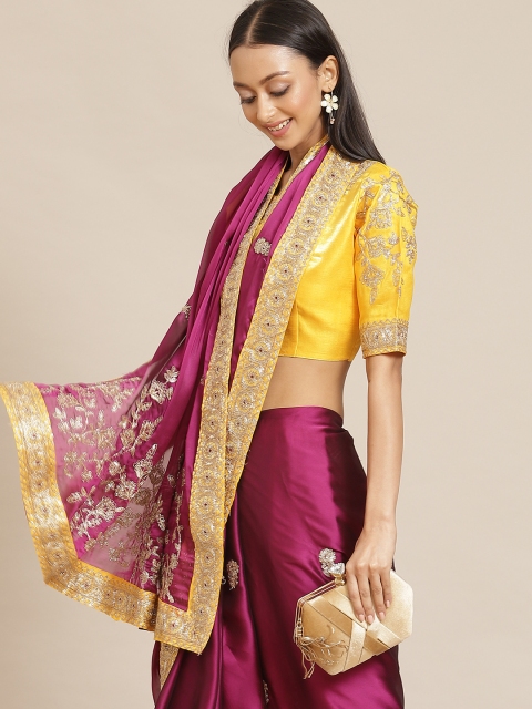 

Mitera Magenta & Yellow Beads and Stones Silk Blend Ethnic Embellished Saree