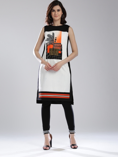 

W Women Off-White Quirky Printed Sleeveless Straight Kurta