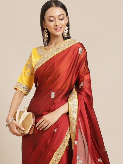 

Mitera Maroon & Yellow Beads and Stones Silk Blend Ethnic Embellished Saree