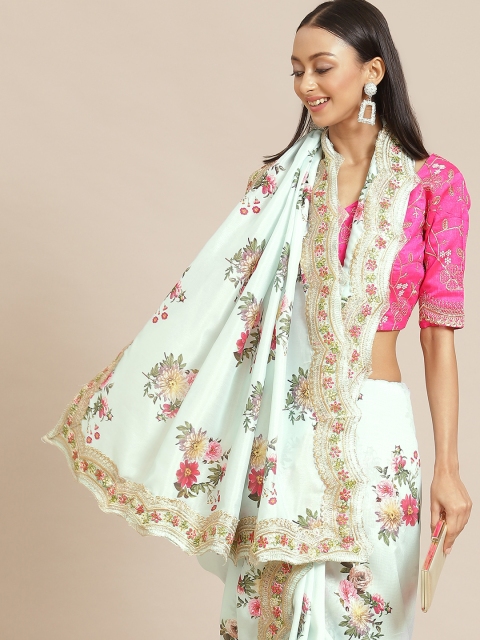 

Mitera Turquoise Blue & Pink Floral Embroidered Silk Blend Ethnic Embellished Saree