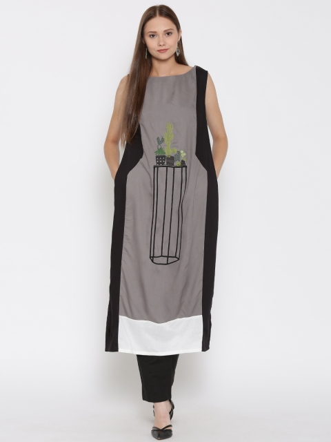 

W Grey & Black Colourblocked Embroidered Kurta