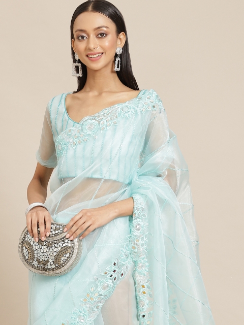 

Mitera Turquoise Blue Floral Organza Saree
