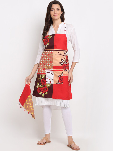 

NEUDIS Red & Beige Tropical Printed 210TC Apron with Front Centre Pocket & Napkin