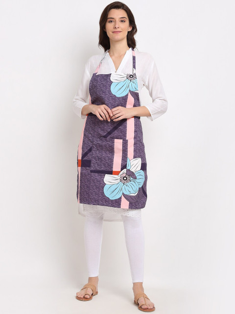 

NEUDIS Purple & Pink Tropical Printed 210 TC Apron with Front Centre Pocket & Napkin