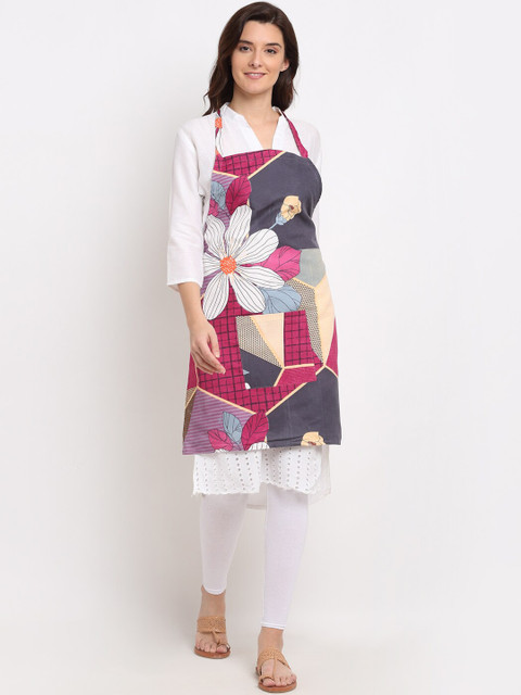

NEUDIS Pink & Grey Tropical Printed 210 TC Apron with Front Centre Pocket & Napkin
