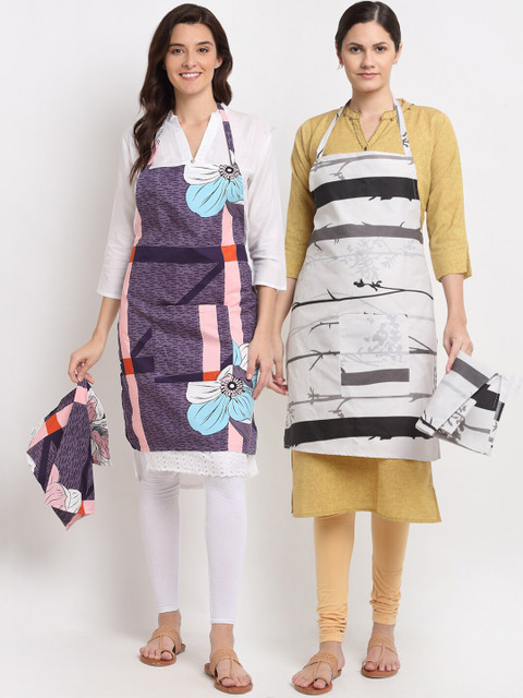 

NEUDIS Pack Of 2 Printed 210TC Aprons With Front Centre Pocket & Napkin, White
