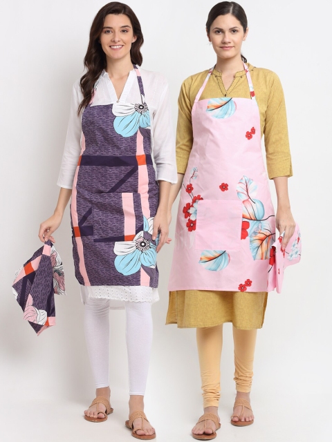 

NEUDIS Pack Of 2 Printed 210TC Aprons With Front Centre Pocket & Napkin, Pink