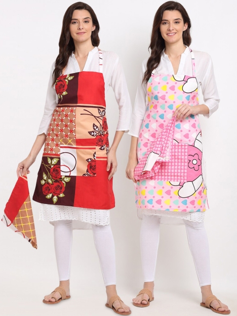 

NEUDIS Pack Of 2 Printed 210TC Aprons With Front Centre Pocket & Napkin, Red