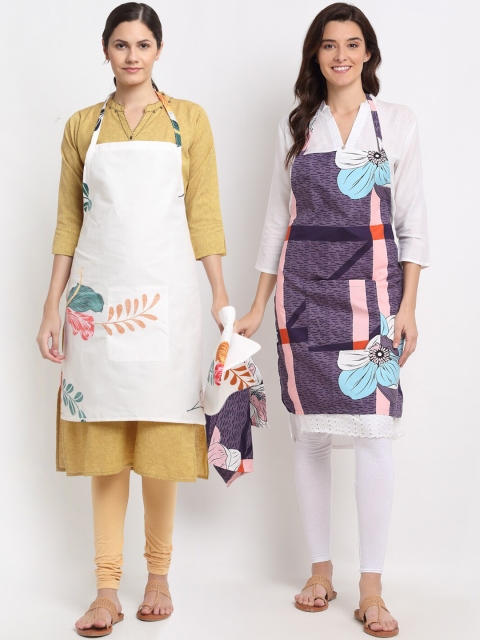 

NEUDIS Pack Of 2 Printed 210TC Aprons With Front Centre Pocket & Napkin, White