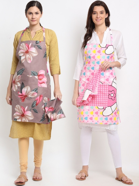 

NEUDIS Pack Of 2 Printed 210TC Aprons With Front Centre Pocket & Napkin, Pink