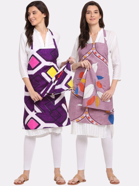 

NEUDIS Pack Of 2 Printed 210TC Aprons With Front Centre Pocket & Napkin, Purple
