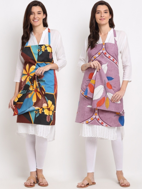 

NEUDIS Pack Of 2 Printed 210TC Aprons With Front Centre Pocket & Napkin, Blue