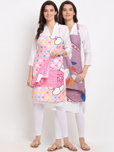 

NEUDIS Pack Of 2 Printed 210TC Aprons With Front Centre Pocket & Napkin, Pink