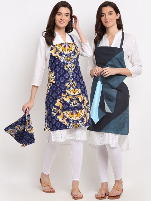 

NEUDIS Pack Of 2 Printed 210TC Aprons With Front Centre Pocket & Napkin, Blue