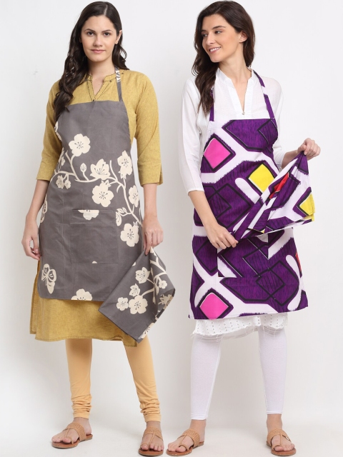 

NEUDIS Pack Of 2 Printed 210TC Aprons With Front Centre Pocket & Napkin, Grey