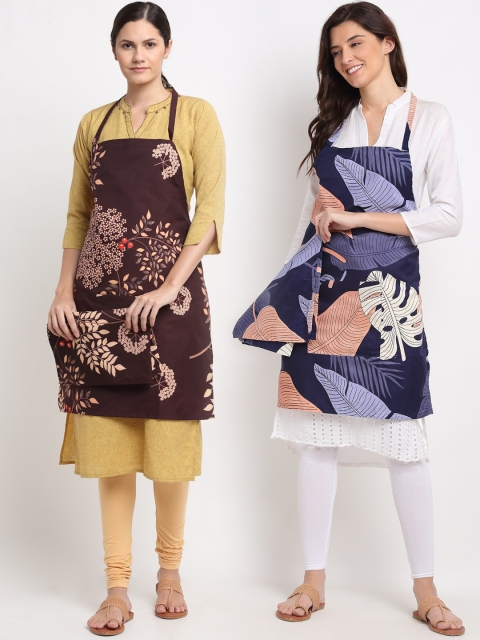 

NEUDIS Pack Of 2 Printed 210TC Aprons With Front Centre Pocket & Napkin, Brown