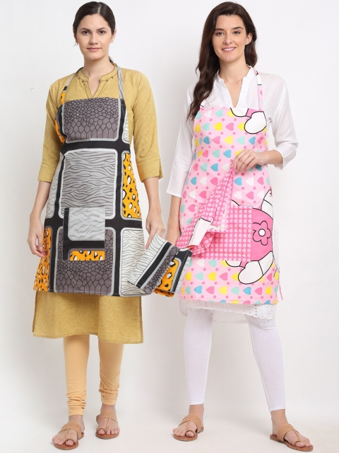 

NEUDIS Pack Of 2 Printed 210TC Aprons With Front Centre Pocket & Napkin, Pink