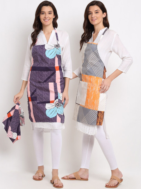 

NEUDIS Pack Of 2 Printed 210TC Aprons With Front Centre Pocket & Napkin, Purple