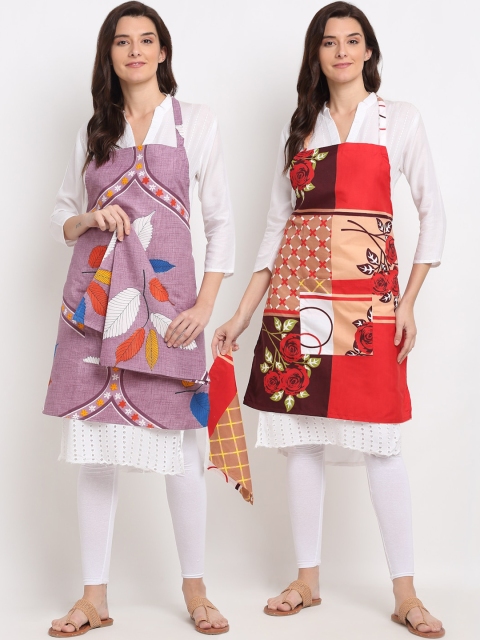 

NEUDIS Pack Of 2 Printed 210TC Aprons With Front Centre Pocket & Napkin, Red