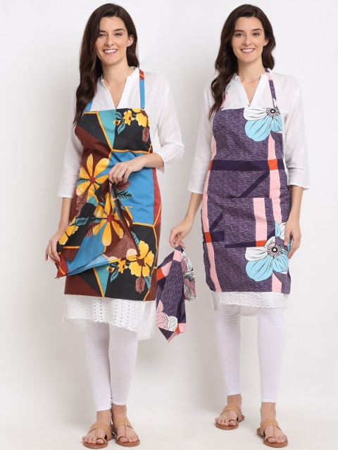 

NEUDIS Pack Of 2 Printed 210TC Aprons With Front Centre Pocket & Napkin, Purple