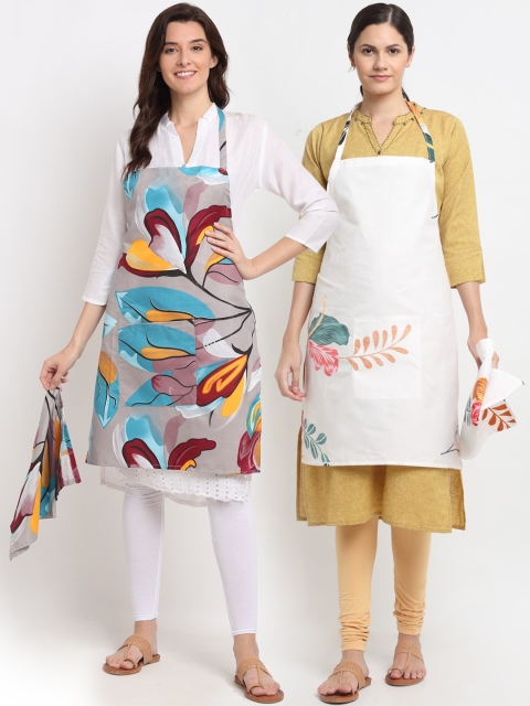 

NEUDIS Pack Of 2 Printed 210TC Aprons With Front Centre Pocket & Napkin, White